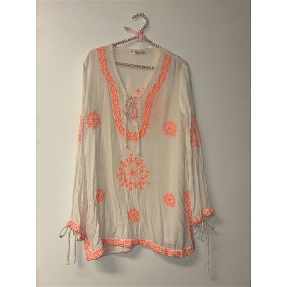 Lucky & Co Linen Dress Boho Lagenlook Women Medium Oversized Embroidered Peasant - Picture 1 of 6